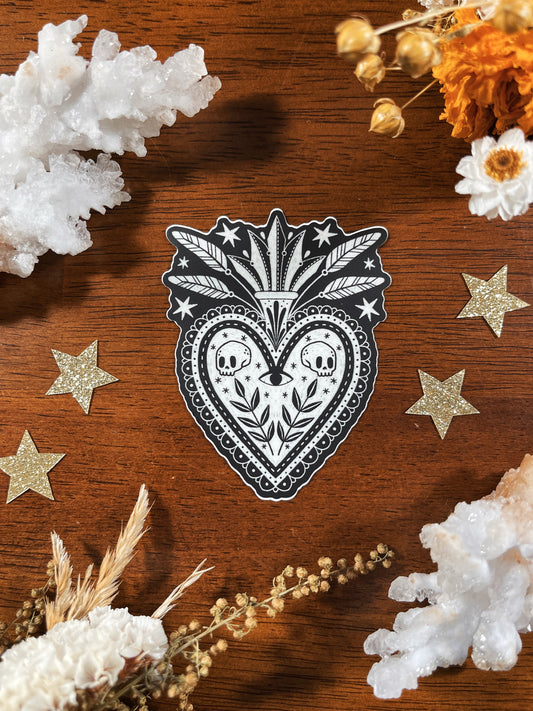 Black & White Milagro/Sacred Heart Die Cut Sticker