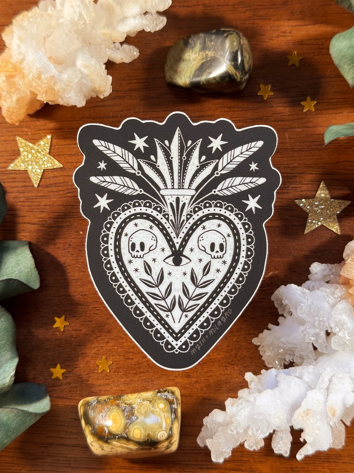 Black & White Milagro/Sacred Heart Die Cut Waterproof Vinyl Sticker